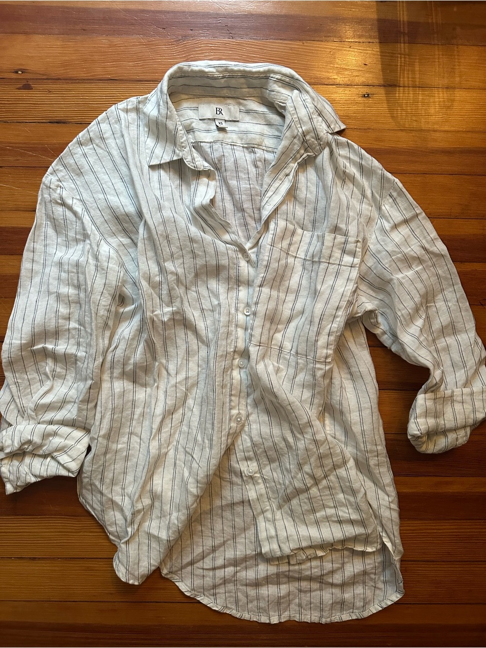 Banana Republic White Linen-Blend Shirt with Black Pinstripes